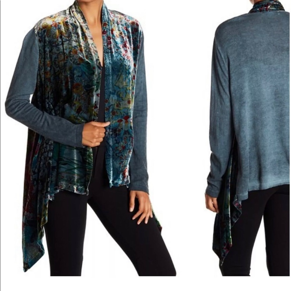 Johnny was teal floral velvet cardigan